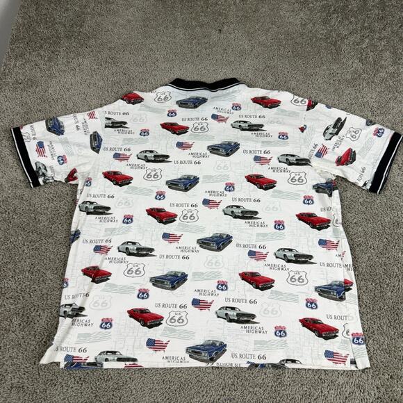 VINTAGE Route 66 Polo Shirt Mens Extra Large White Muscle Car All Over Print - Picture 5 of 10
